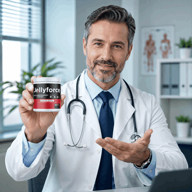 Doctor presenting Jelly Force men's wellness gummies during a professional consultation